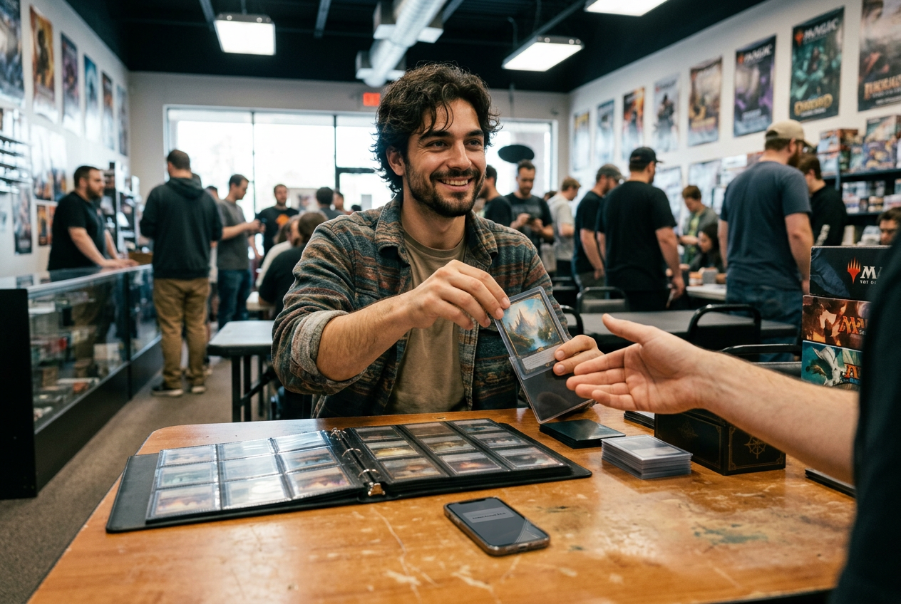 Collector approving a card sale and preparing the card for shipping