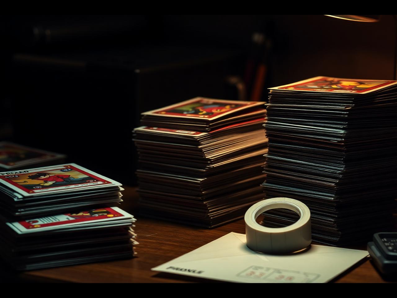 Stacks of sleeved trading cards on a desk beside a shipping mailer