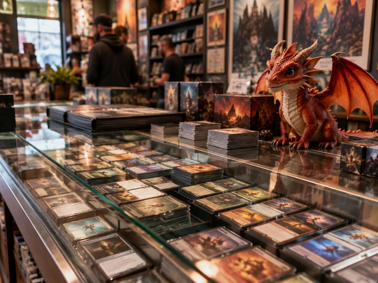 Card shop display case full of sorted singles, with a small dragon perched on the counter