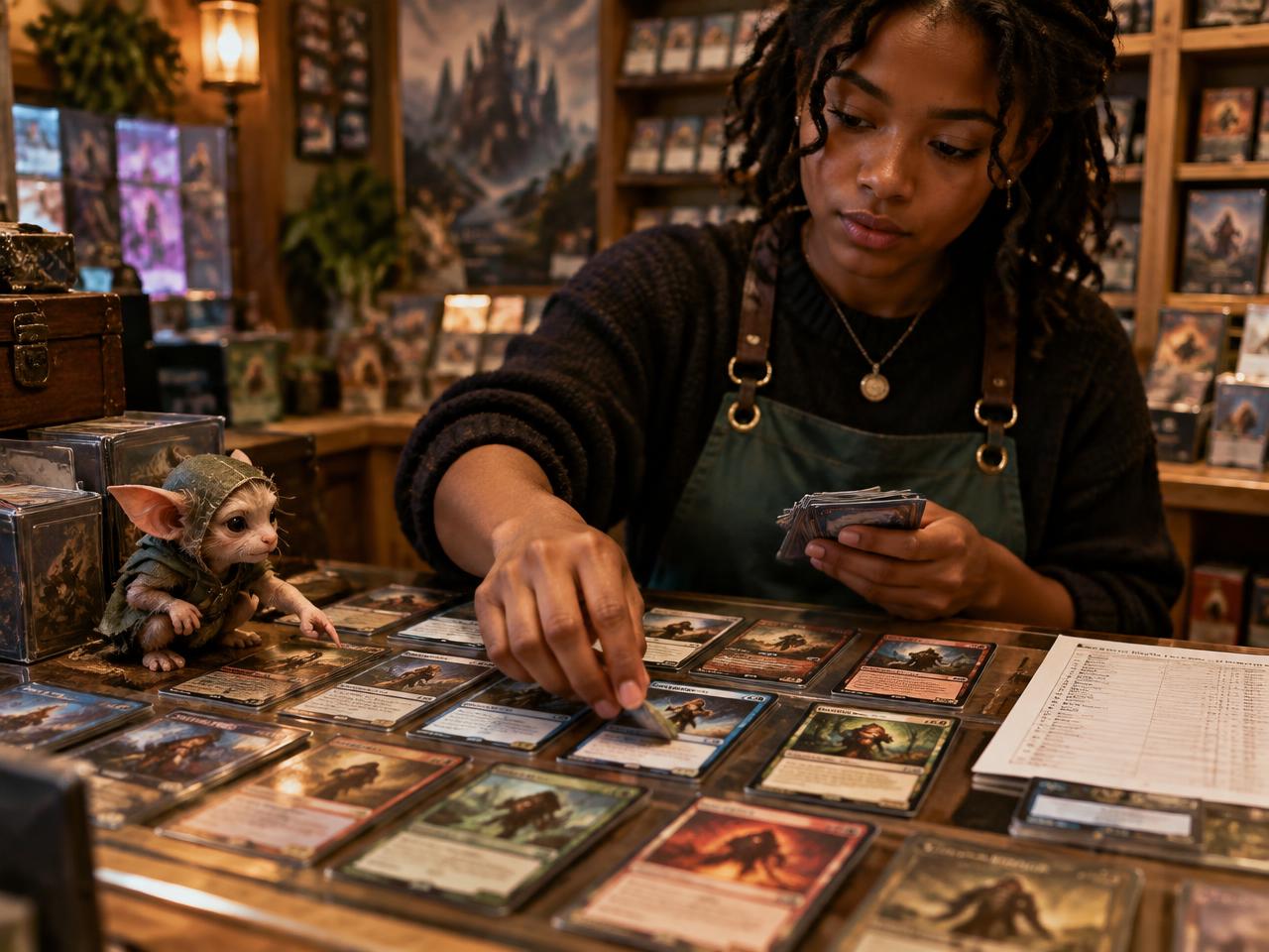 Cards laid out on a shop counter being matched against a buyer want list