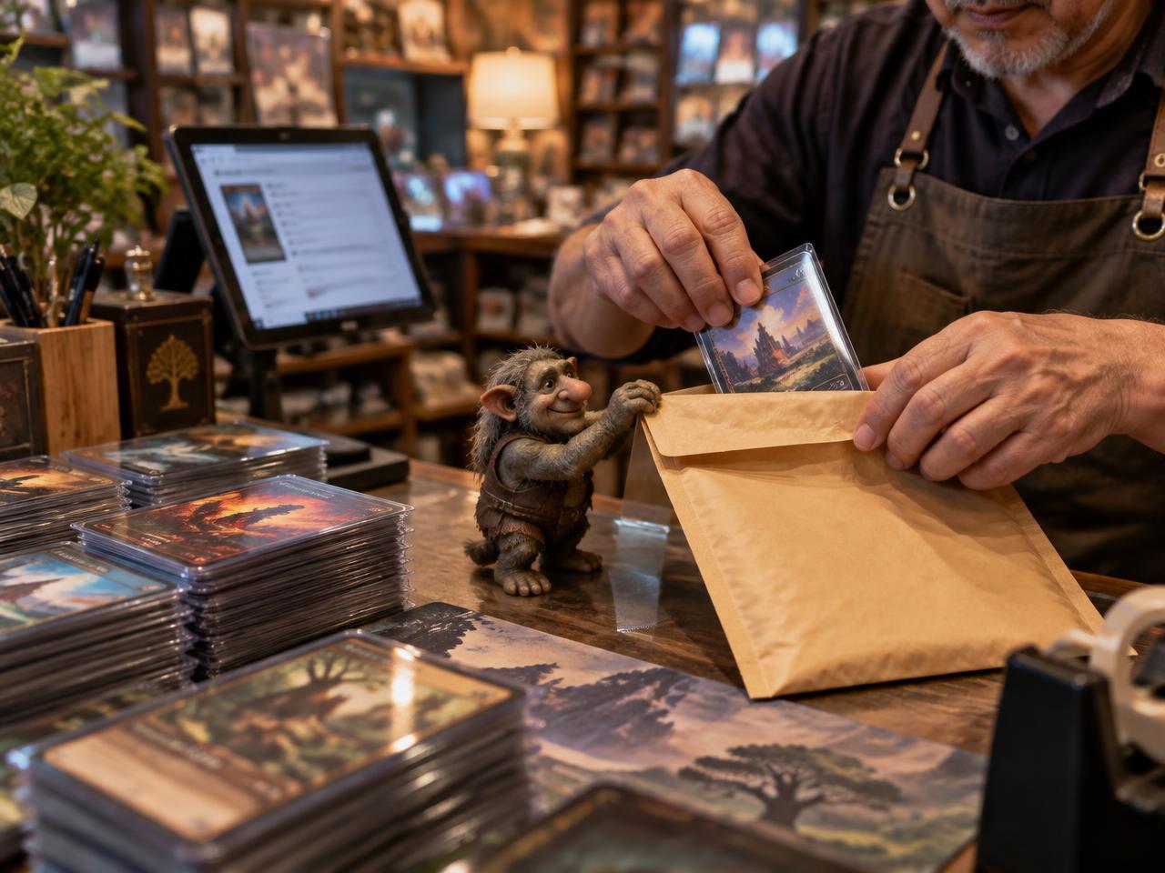 Sleeved cards being packed into a shipping mailer on a card shop counter