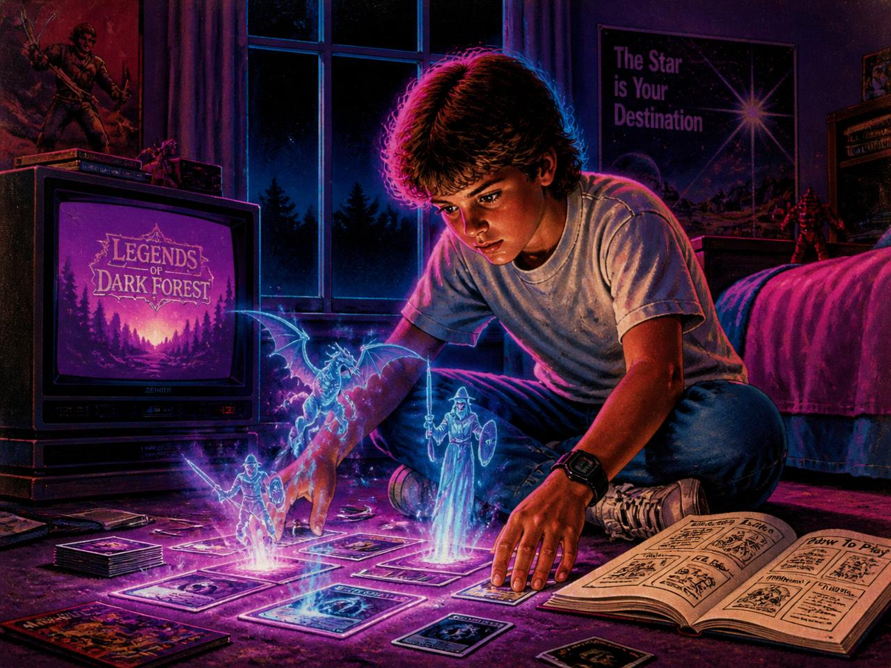 A kid on his bedroom floor laying out glowing spell cards beside an open how-to-play manual