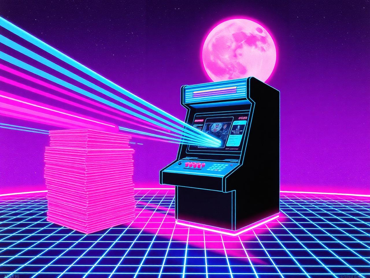 Neon arcade scanner reading a stack of glowing spell cards